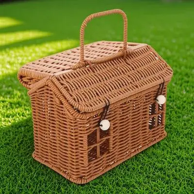 

Plastic Woven Storage Basket with Lid Handle House Shaped Decorative Fruit Organizer for Easter Candy Picnic Wedding Favors