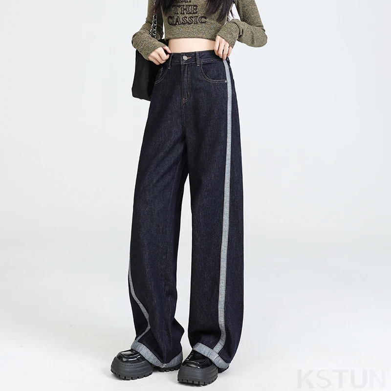 KSTUN 2026 ربيع جديد المرأة عالية الخصر واسعة الساق الجينز مستقيم قطع المرقعة الإناث الأزرق الداكن عادية الدينيم السراويل خمر