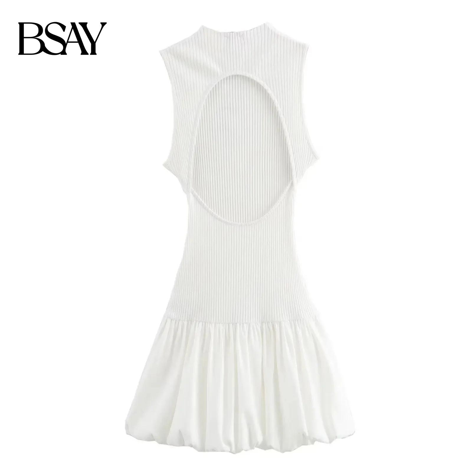 BSAY femmes mode été nouveau ballon fileté dos nu col rond court gilet robe Chic femme élégante sans manches robes de soirée