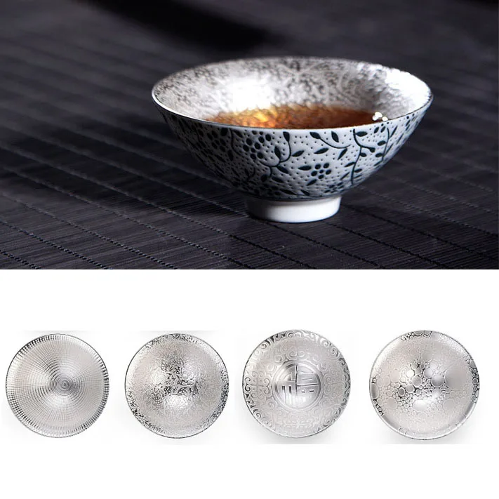 70ml Creative 999 Sterling Silver Master Cup Ceramic Teacups Office Small Tea Bowl Household Handmade Chinese Kung Fu Drinkware