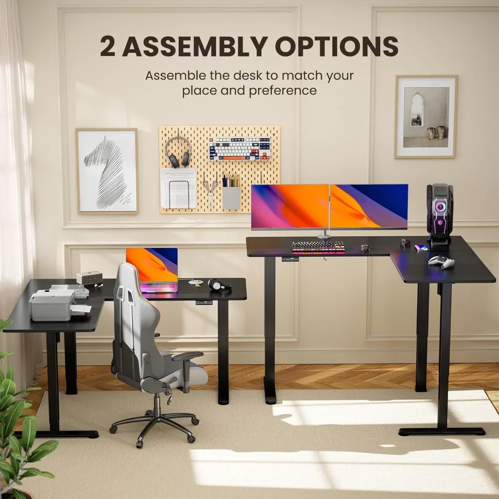 63" Dual Motor L Shaped Standing Desk, 28"-46" Electric Height Adjustable, 2 Assembly Options to Fit Room Corner