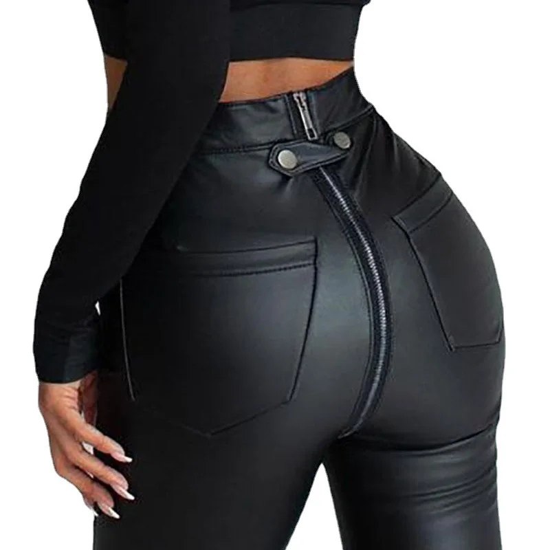 Women's Slim Black Zippered PU Leather Pocket Foot Base Pants