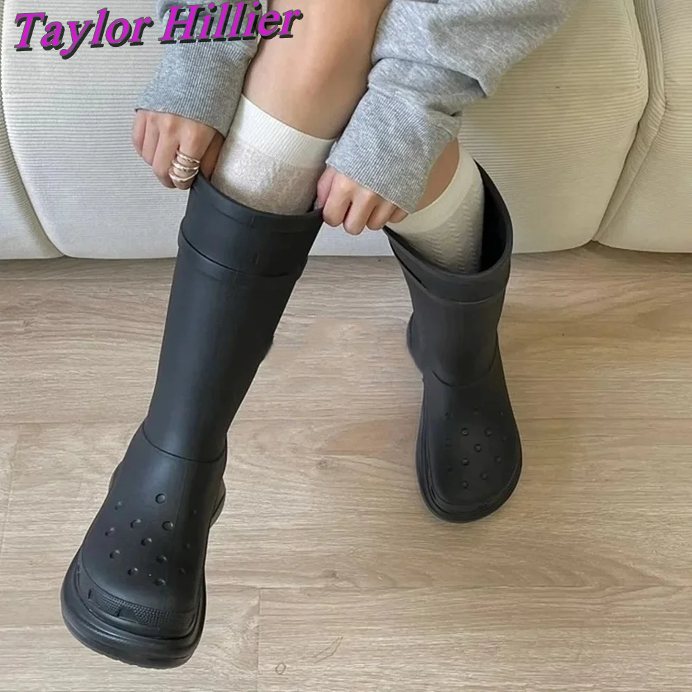 5CM Solid Women Boots Luxury Big Round Toe Knee-High Height Increasing Black Water Proof Thick Sole Rain Winter 2024 Long Shoes