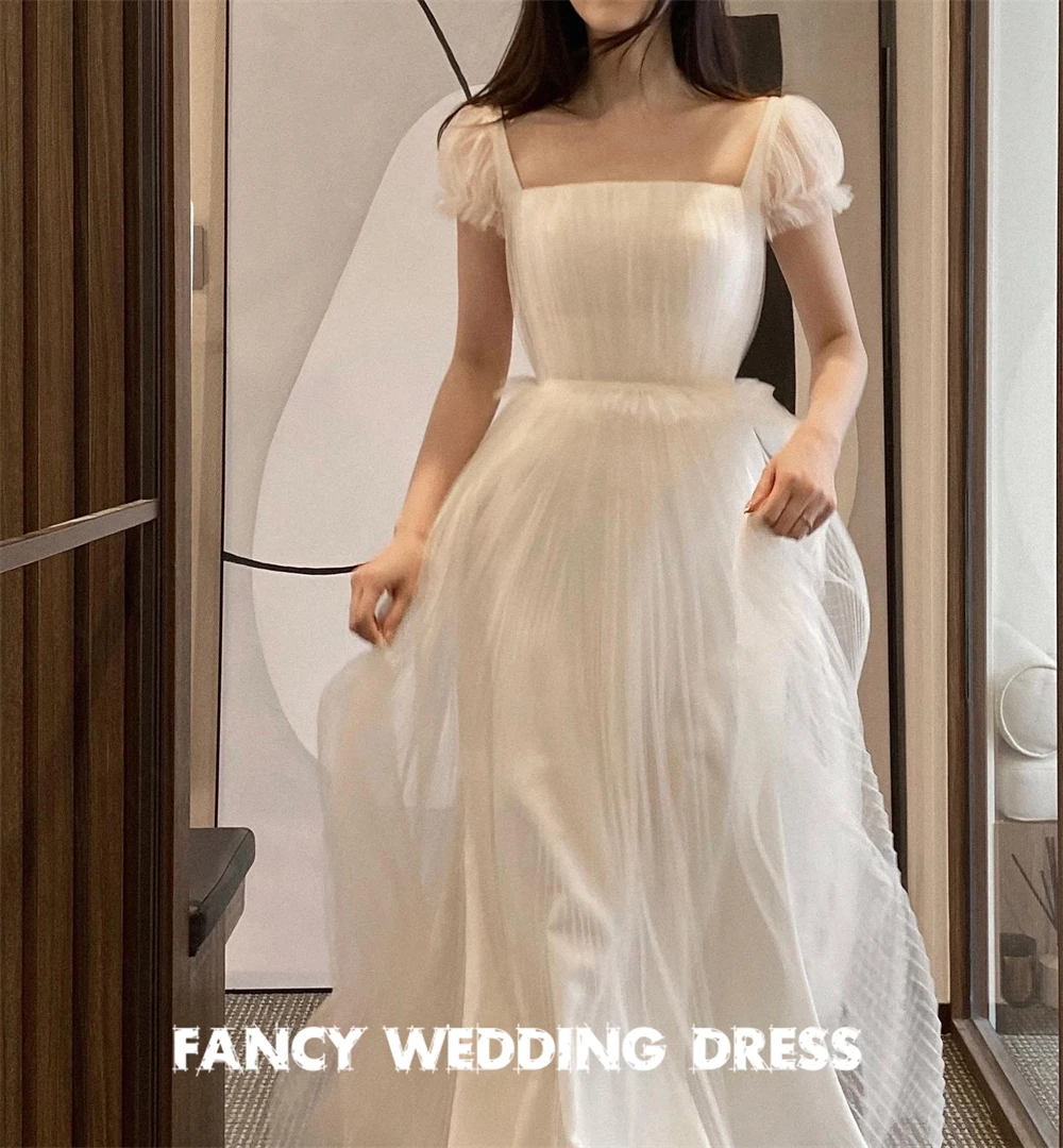 Fancy Korea abito da sposa con collo quadrato servizio fotografico una linea abito da sposa in Tulle morbido manica corta lunghezza del pavimento smileslimays singles Custom Made h