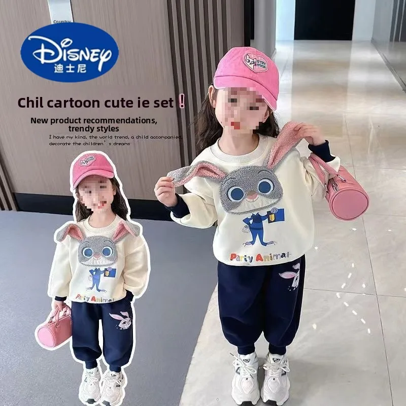 

Disney Girls' 2025 Spring Autumn Outfit - Cartoon Embroidered Sweatshirt 2-Piece Set, Trendy Baby Long-Sleeve Suit