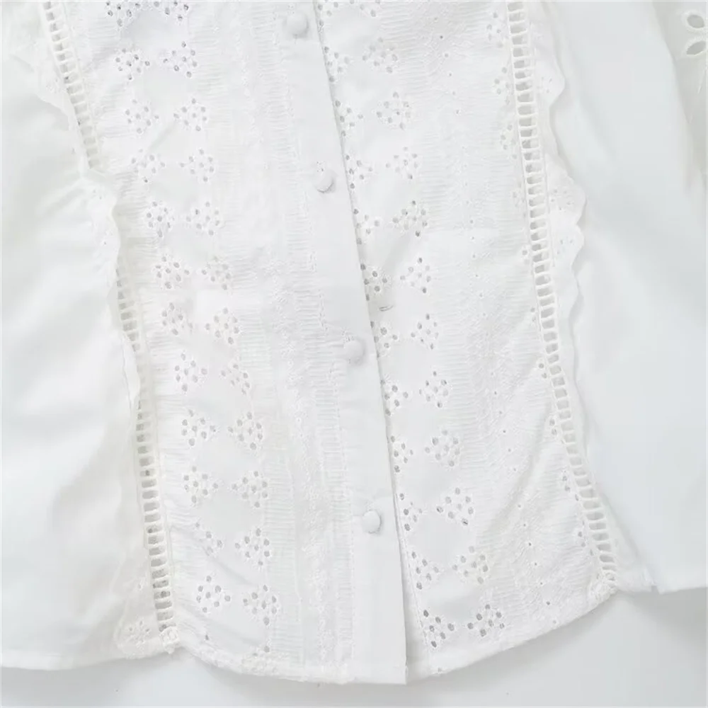 Taop&Za\'s 2024 Summer New Women\'s Fashion and Casual Versatile Round Neck Long Sleeve Hollow Embroidered Button Shirt