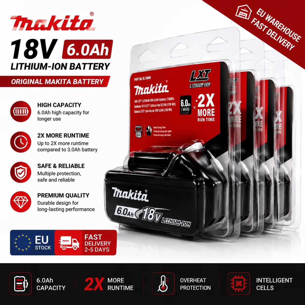 Image of Original Makita 18V Akku 6Ah Wiederaufladbarer Werkzeugakku 18V Makita mit LED Li-Ionen Ersatzakku LXT BL1860B BL1860 BL1850