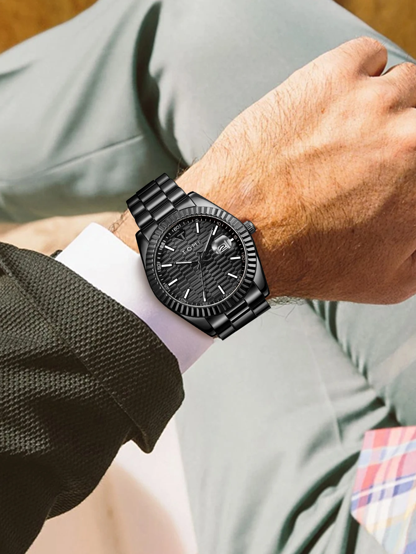 TOMI Neue Herrenuhr Brosche Ring Geschenkbox Set Luxus Business Edelstahlarmband Herren Kalender Casual Quarzuhr Reloj – Detail 4