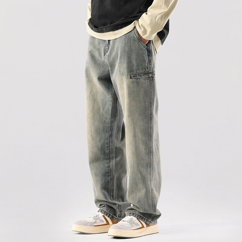 

OIMG Новые осенне-зимние потертые желтые грязевые джинсы для мужчин с элитным ощущением, широкие брюки американского размера больших размеров.