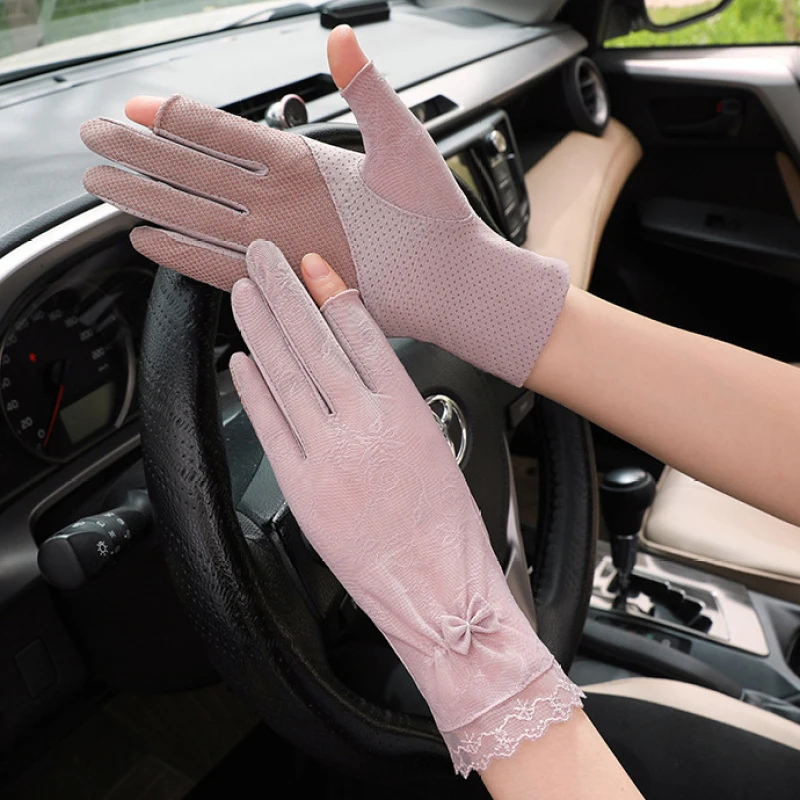 Guantes de protección solar de seda de hielo transparente fino de encaje Sexy para mujer, suave y transpirable, cubierta antideslizante para deportes al aire libre, Verano