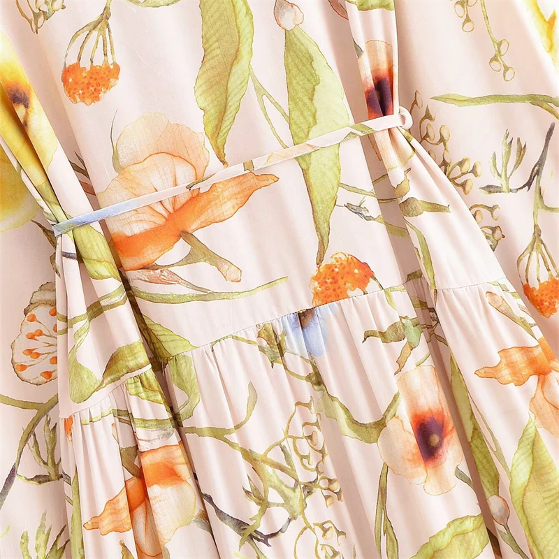 Keyanketian 2025 primavera/outono novo estilo pastoral flor impressão midi vestido rendas até único breasted vestido de viscose em camadas feminino