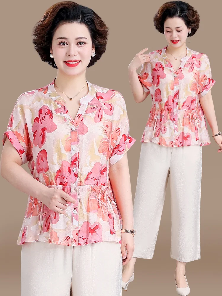 

Модный летний комплект из хлопка и льна: свободная футболка с коротким рукавом и круглым вырезом для женщин среднего возраста (для мам), 2 предмета.