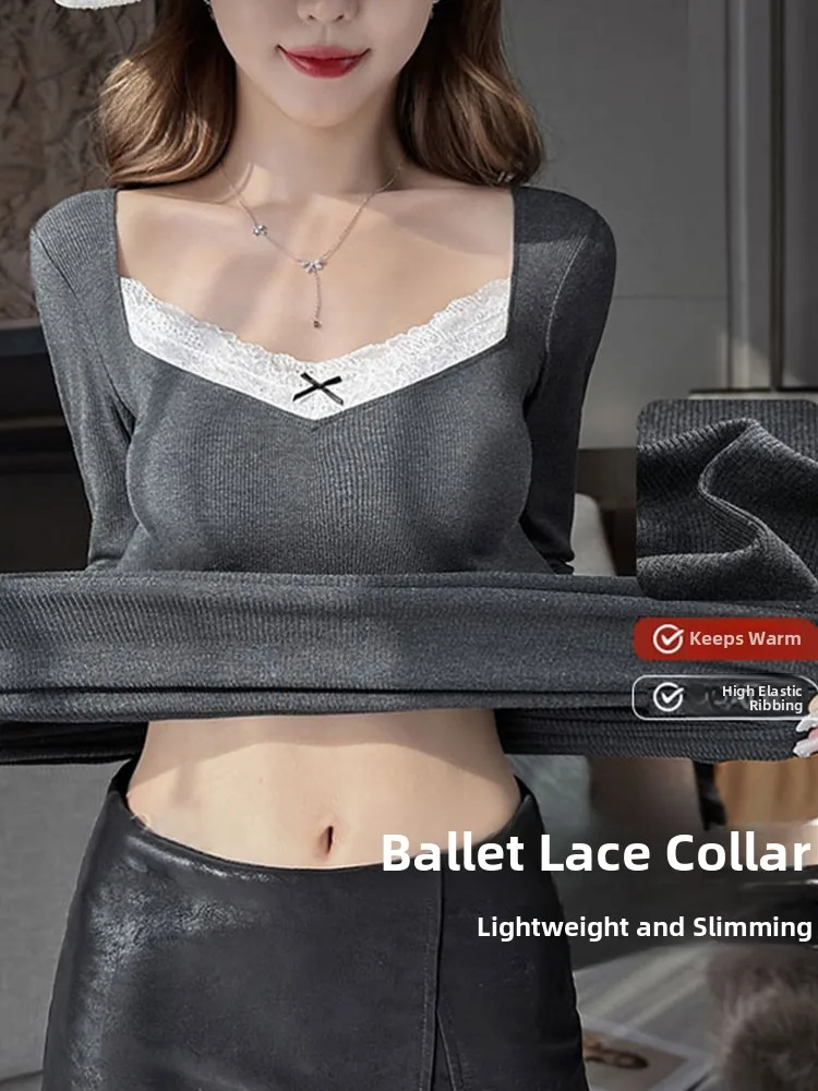 

Утепленное флисовое термобелье женское 2024: осенне-зимняя сексуальная кружевная облегающая футболка с V-образным вырезом и длинным рукавом