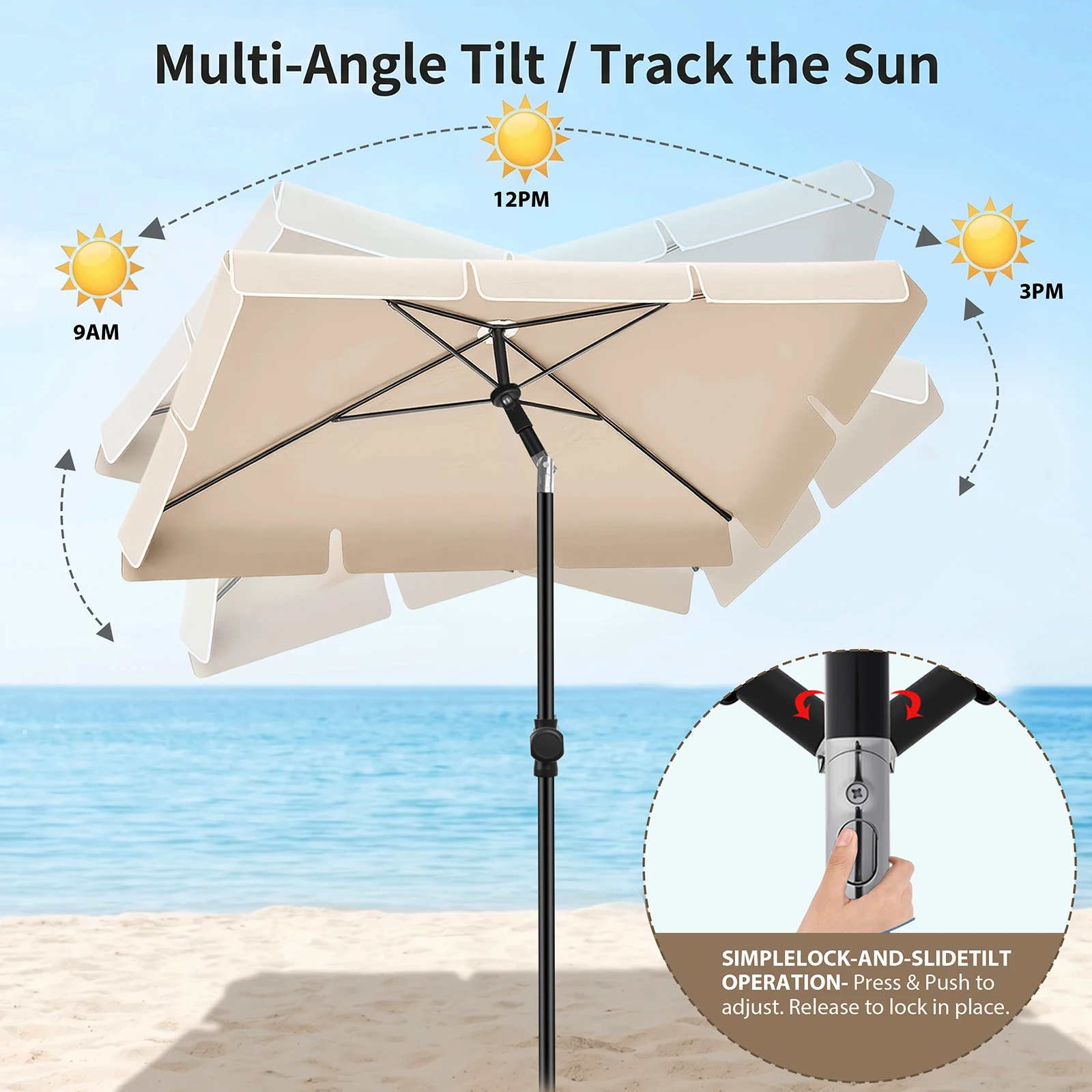 2M Sonnenschirm, Strand-Sonnenschirm, neigbar, verstellbar, UV-Schutz für den Außenbereich, Camping- und Angel-Sonnenschirm, wasserdichter Schatten-Sonnenschirm, Gartenpavillon – Detail 8