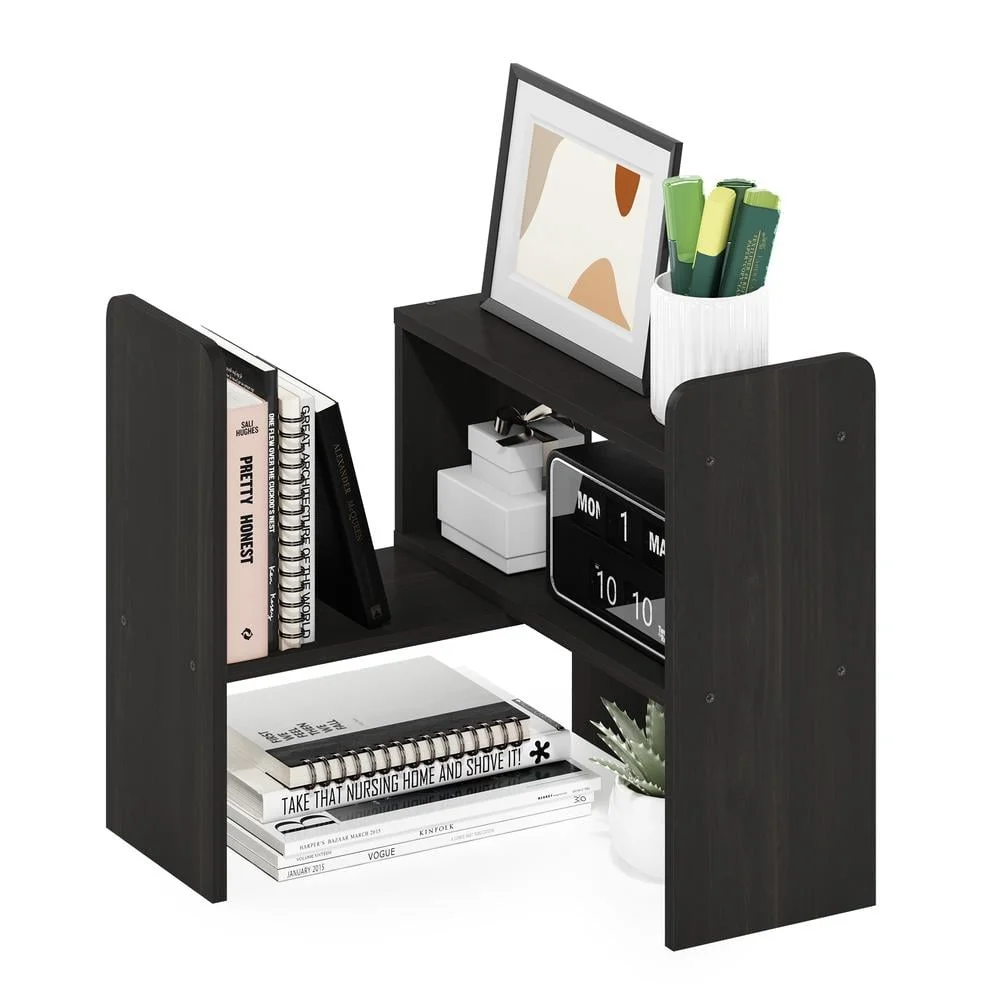 Desktop Organizer Bookshelf Wood Durable Storage Unit Adjustable Shelves Home Office Decor Easy Assembly Espresso Finish
