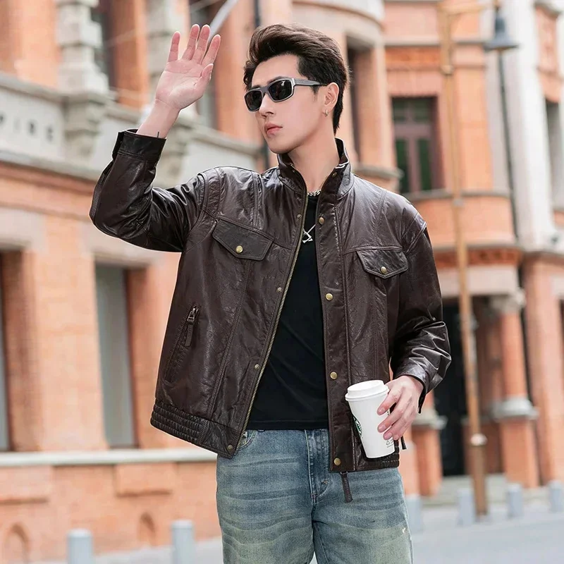 High-End First Layer Cowhide Trendy Drop Shoulder Motorcycle Clothing Men's Genuine Leather Lapel Loose Flight Suit Jacket Coat