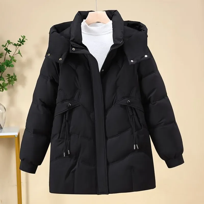 

2025 Winter Women's Hooded Quilted Coat Long Parka Fashion Thick Warm Black Down Cotton Jacket Elegant Luxury Puffer Outerwear