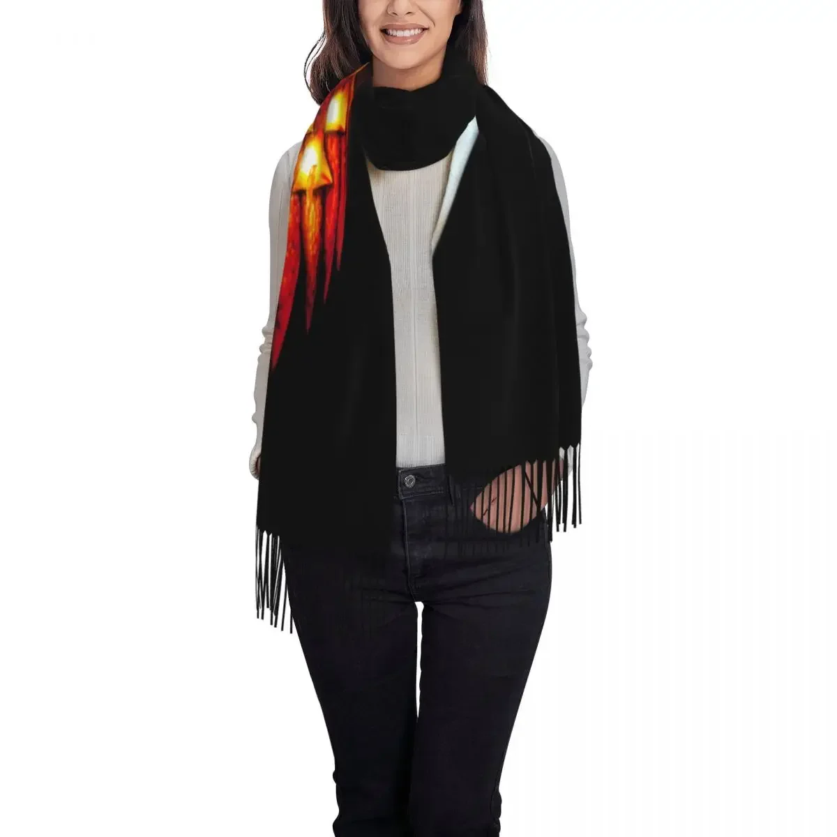 Custom Halloween Horror Movie Tassel Scarf Women Winter Warm Shawls Wraps Lady Scarves