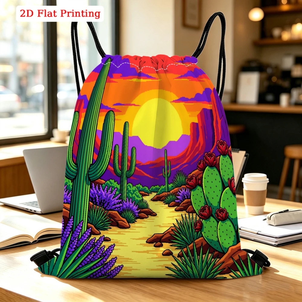 Desert Sunset Cactus Landscape Print Drawstring Bag, Travel Shoe Bag, Fitness Sports Backpack, Outdoor