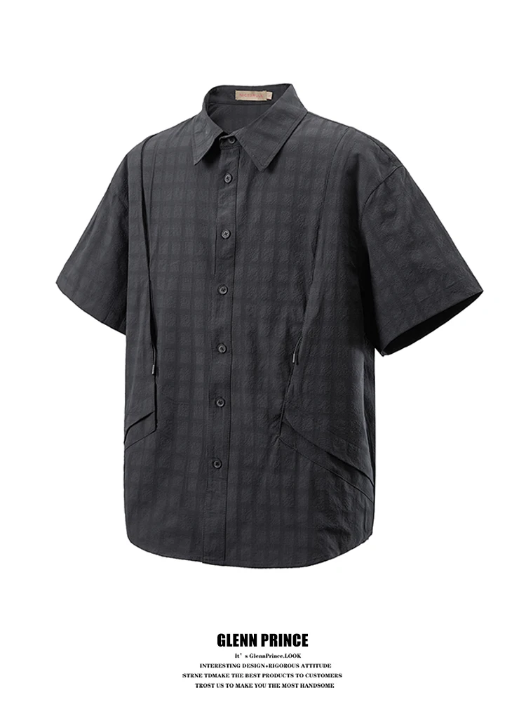 

GPstudio Men's Casual Breathable Short Sleeve Shirt Grid Texture Design Summer New Style Loose Fit Polyester Polyester