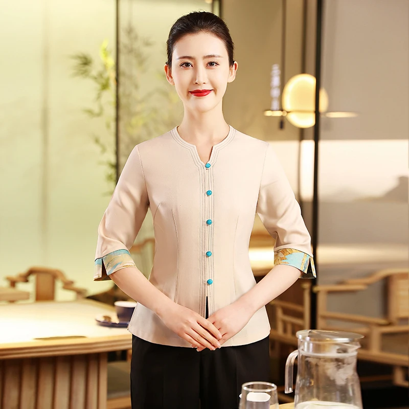 Spring/Autumn Beauty Salon SPA Uniform Hotel Waitress Top+Pants Set Restaurant Staffs Working Clothes Customized