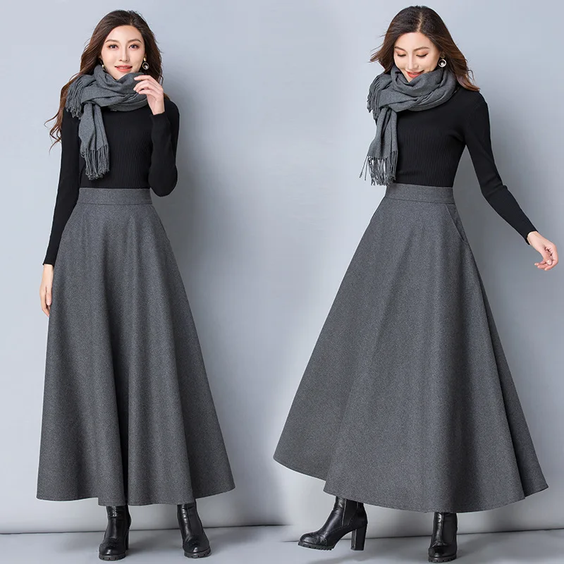 Winter Long Woolen Pleated Skirt Thick Warm Women Korean Ladies High Waist Elastic A-Line Solid Wine Red Black Gray Maxi Skirts