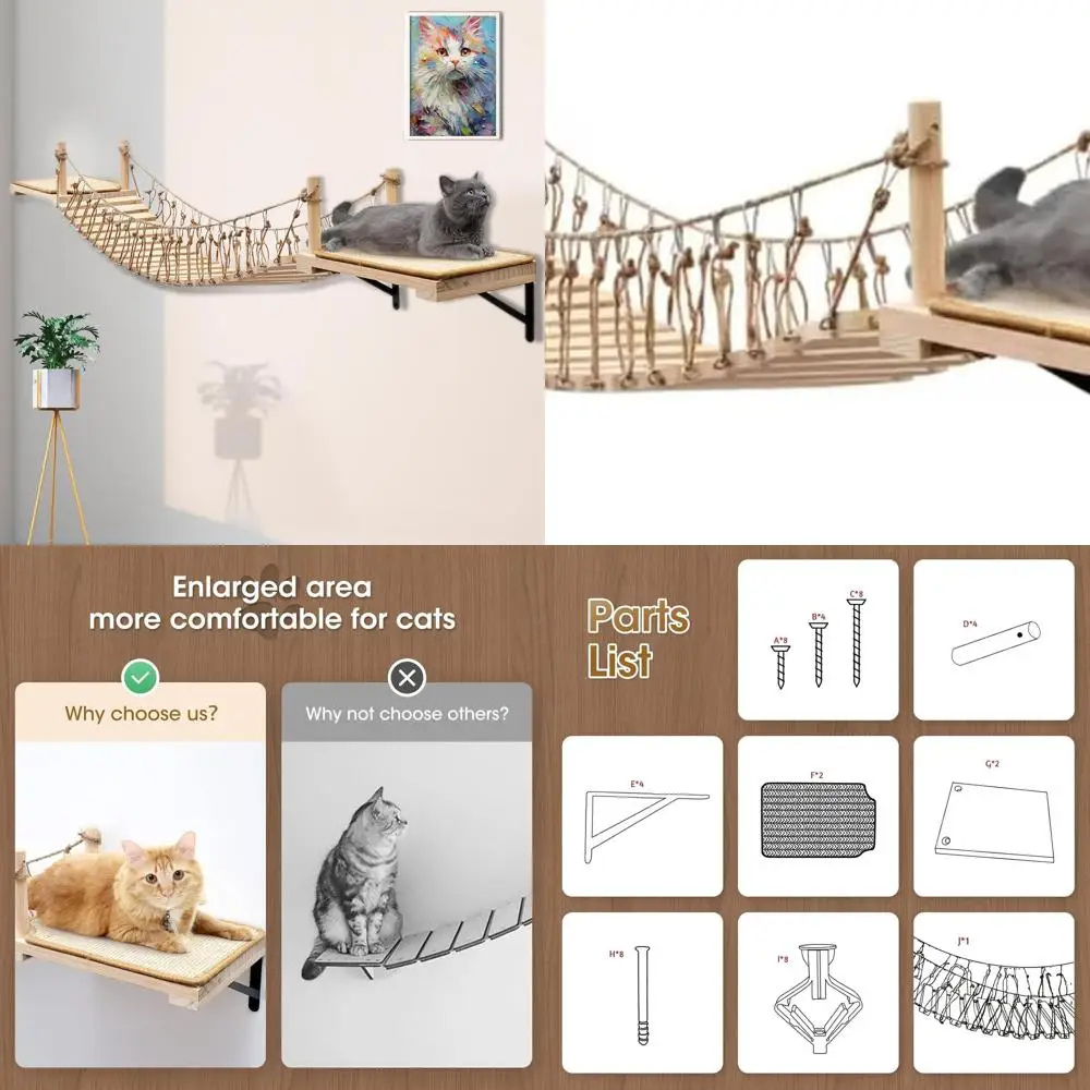 

Indoor Cat Rope Bridge with Wooden Shelves, Sisal Scratch Pad for Sleeping, Playing, and Climbing
