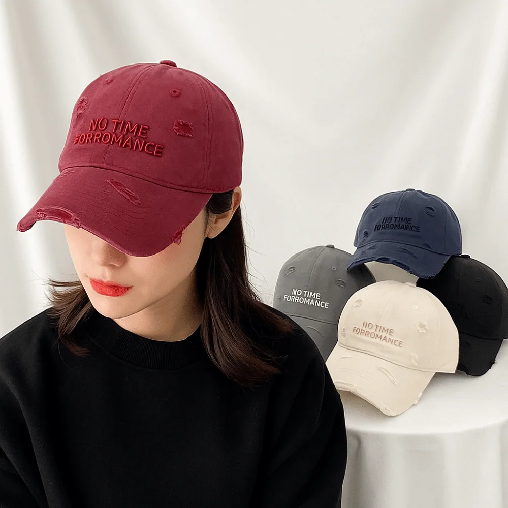 

Solid Color Adjustable Ripped Baseball Cap Alphabet Embroidery Korean Holes Peaked Cap Vintage Visor Letter Baseball Hat Unisex