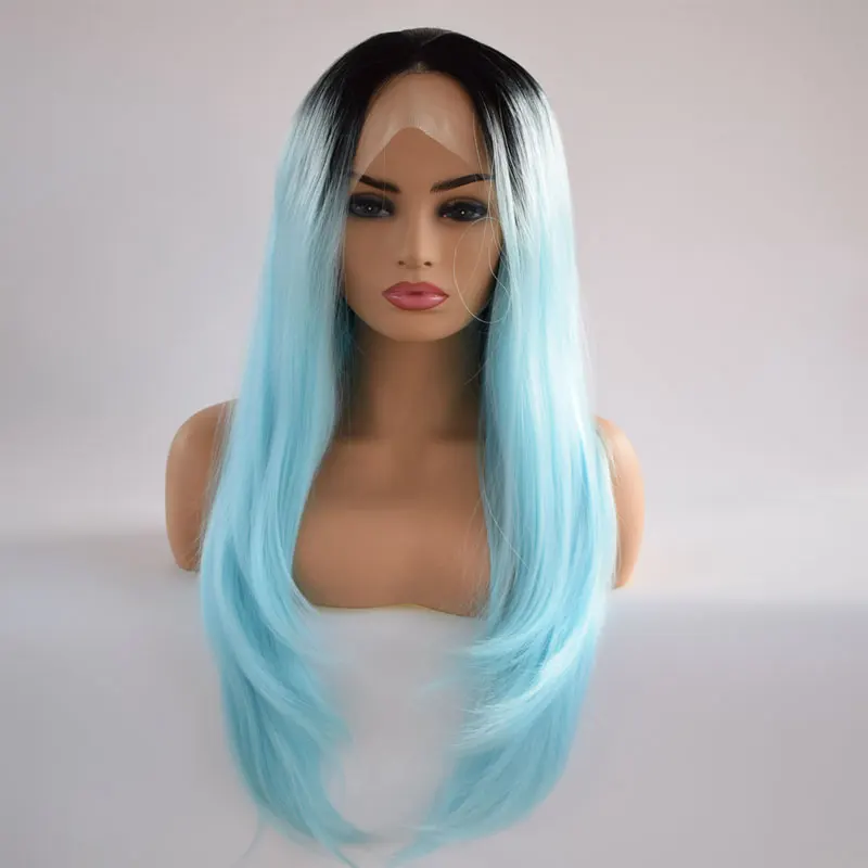 Black Ombre Blue Straight Hair Wig Synthetic 13x4 Lace Front Wigs High Quality Heat Resistant Fiber Hair Free Parting For Women