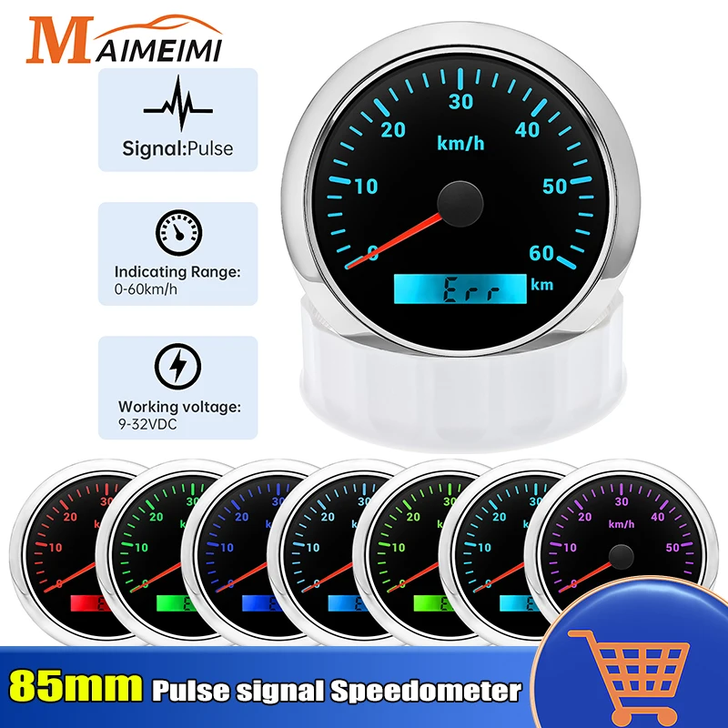 7 Colors Backlight 85mm Speedometer Digital Odometer Gauge 30/60/120/200km Speed Meter Pulse Signal for 12V 24V Car Boat Marine