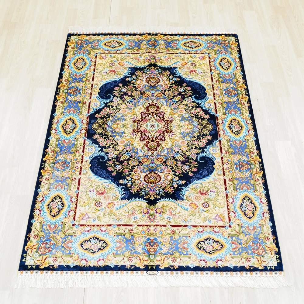 122x183cm Tabriz Silk Carpet Hand Knotted Blue Floral Turkish Oriental Rugs (ZQG517A)