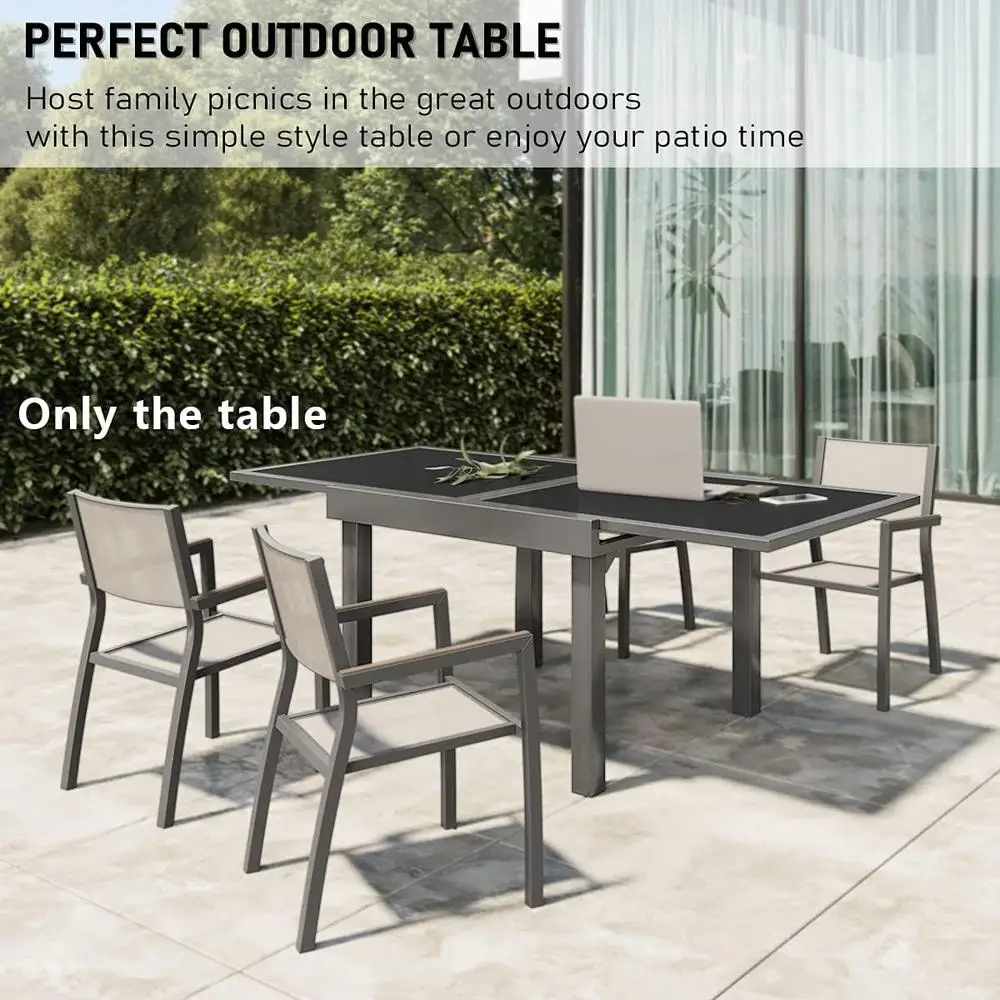Outdoor Aluminum Extendable Dining Table Glass Top Patio Garden Backyard Bistro Dining Durable Weather Resistant Easy Assembly