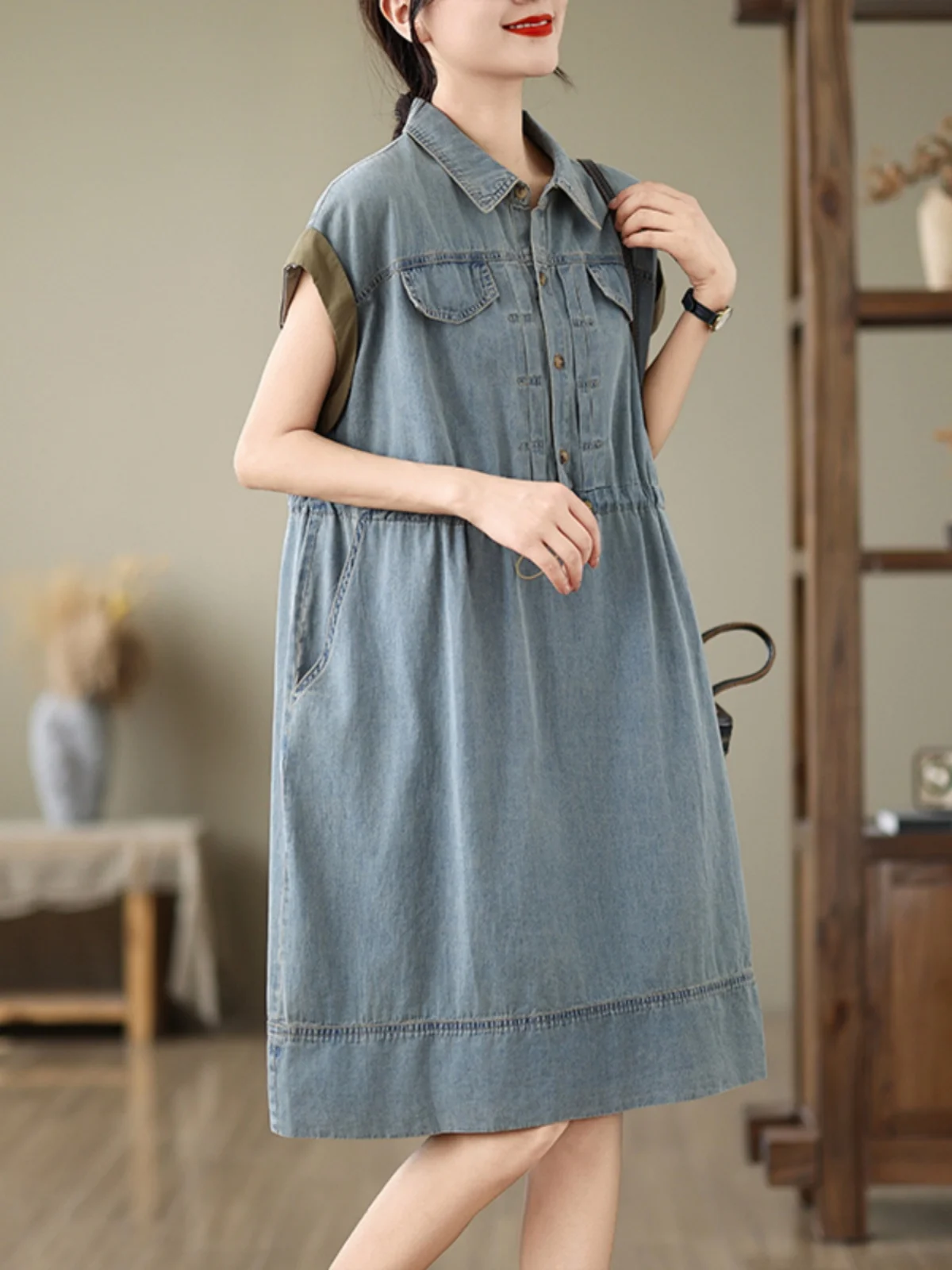 

Джинсовая юбка трапециевидной формы средней длины с утягивающей талией Dr, большие размеры, женская модная цветная блузка с воротником-стойкой