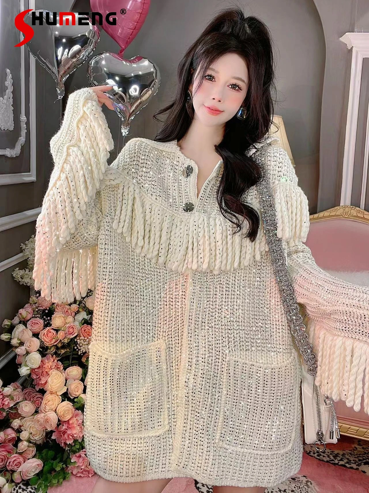 

2024 Autumn Winter New Thickened Loose Tassels Hot Diamond Over Size Fairy Sweater Jacket Long Sleeve Tops Chic Knitted Sweater