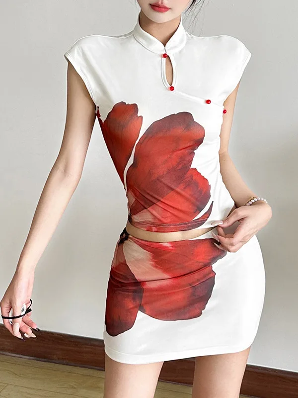 

Summer 2025 Women's Slim Fit Floral Print Top And Skirt Set High Waist Short Sleeve Casual High Waist Wrap around Skirt