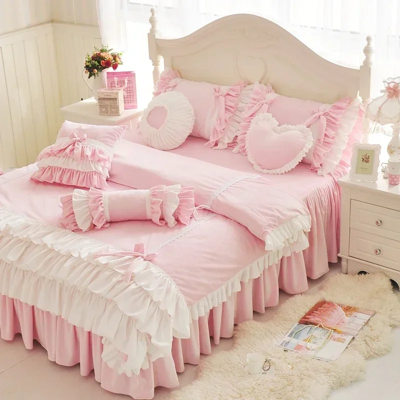 Pink Purple Blue Korean Princess Girl Fleece Fabric Bedding Set White Ruffle Bow Duvet Cover Flannel Velvet Bed Skirt Pillowcase