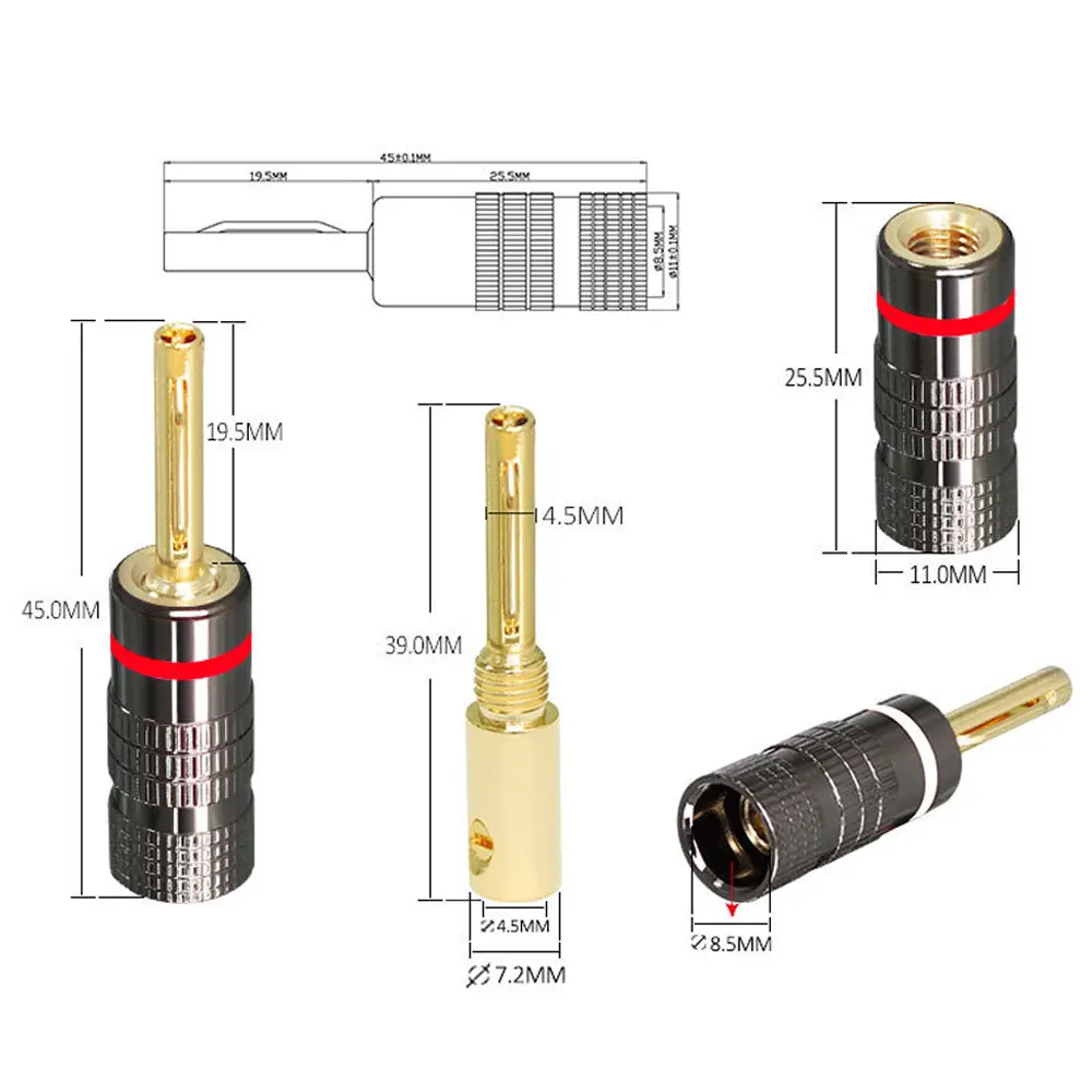 4pcs/lot Banana Plugs 24K Gold-plated 4MM Banana Connector with Screw Lock Hi-fi Amplifier Speaker Plug Terminal Jack Connectors