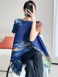 Miyake Pleated Tie Dyeing Print Blouse Casual Tassels Hem Short Sleeve Loose Oversized Irregular Blusas De Mujer Women Tops