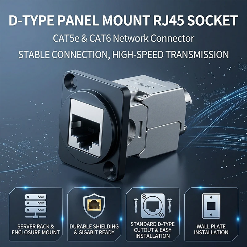 D-Type Panel Mount RJ45 Socket, CAT5e CAT6 Ethernet Network Connector for Wall Plate, Server Rack and Enclosure