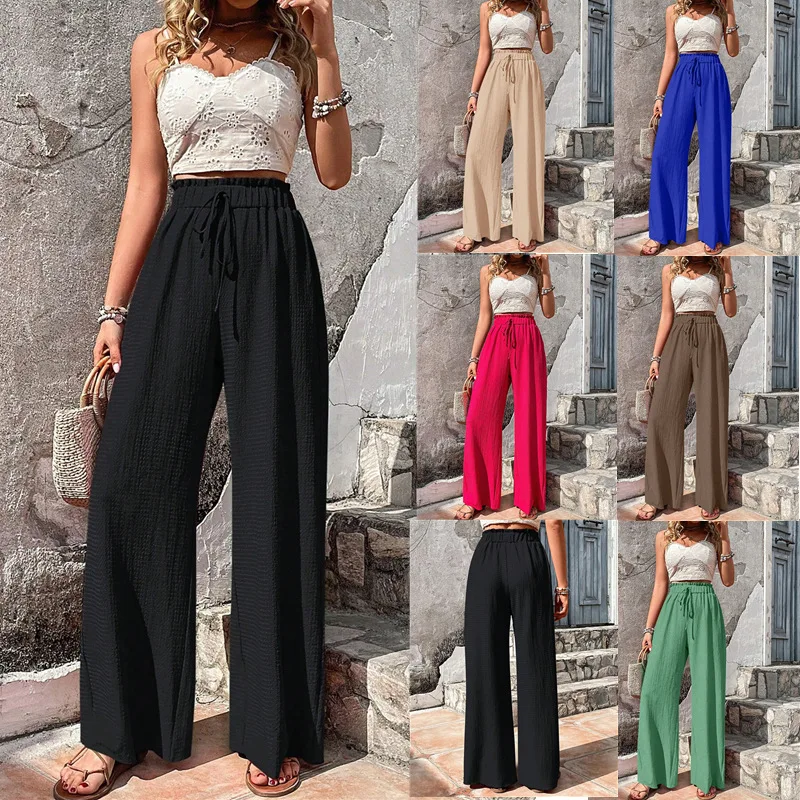 

2024 Spring/Summer New Women's Fashion Style Commuting Loose and Versatile Bubble Grid Casual Strap Wide Leg Pants