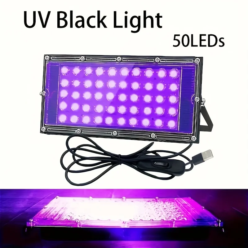 50LED UV black light lamps, USB-powered, switch-controlled, plastic case + metallic surface, for bars, neon parties, Hal