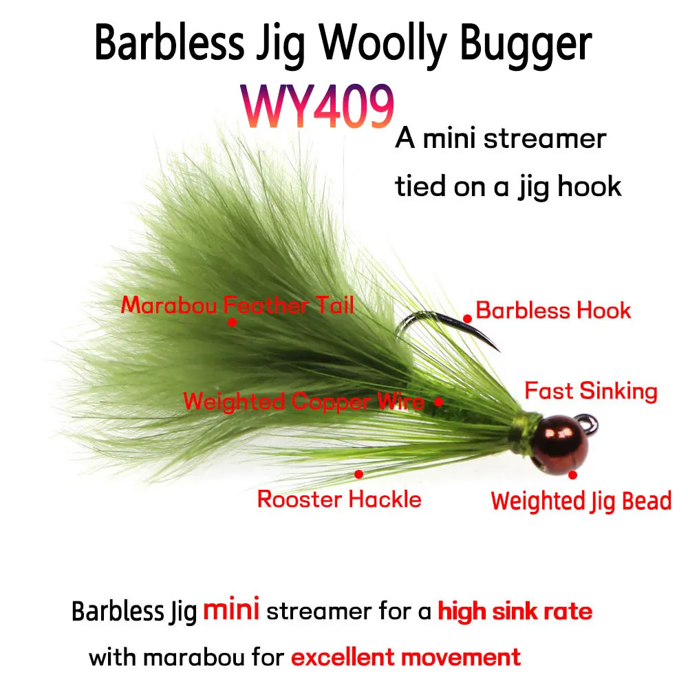 4~6pcs #10 #12 Fast Sinking Tungsten Barbless Jig Woolly Bugger Streamer Barbed Bugger Tan Jig Nymph Fly Trout Bass Fishing Lure