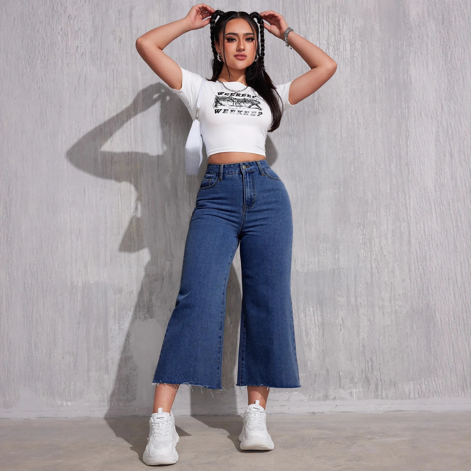 New Fashionable European and American High-waisted and Thin Denim Nine-point Casual Straight-leg Pants