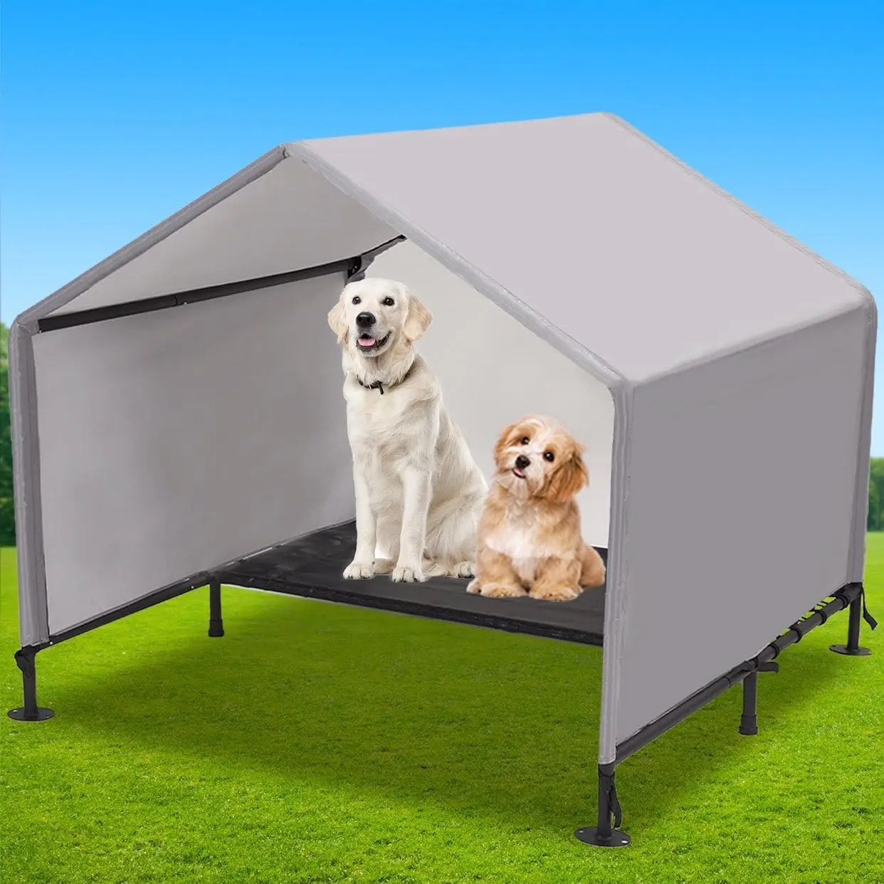 Tent for Large Dogs, 4'x4'x3.6' Outdoor Pet Tent Weatherproof, Outside Sun Rain Canopy Pet Houses with Elevated Dog Bed for Dogs