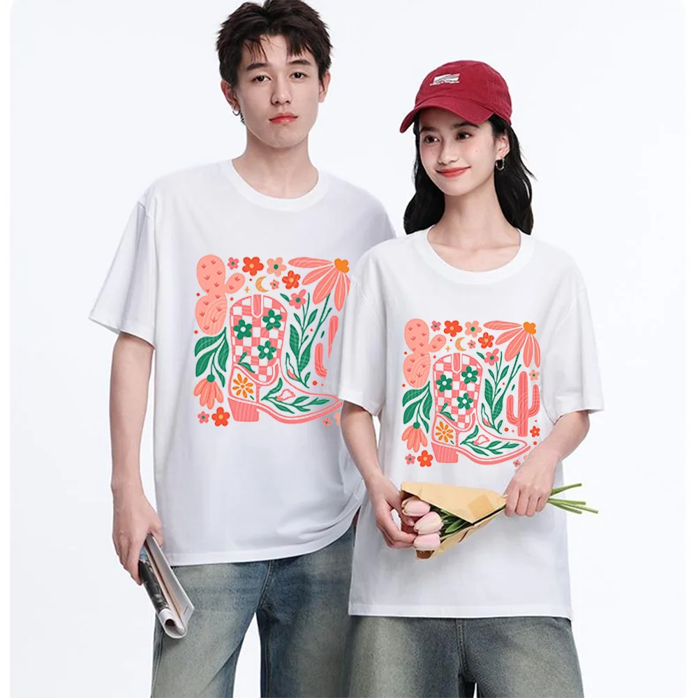 Cowboy Boot Floral Cactus Printed T Shirt Breathable Fabric S-XXL Personalized Custom Casual Short Sleeve Tee Aesthetic Graphic