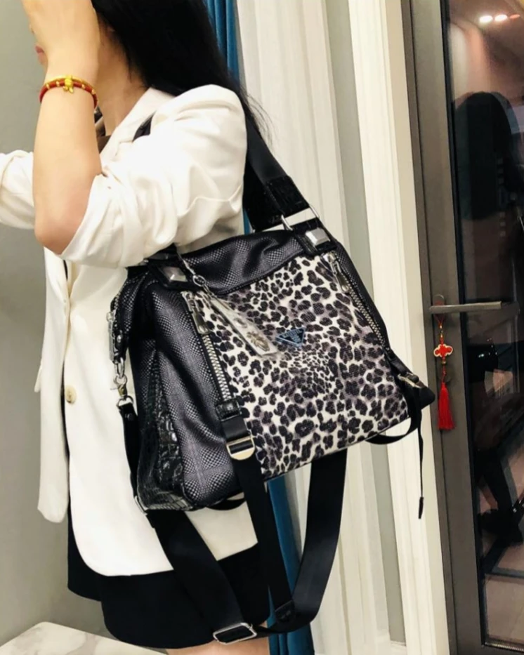 Vintage Leather Leopard Pattern Big Capacity Top-handle Handbag 80s Fashion Office Lady Work Patchowrk Designer Shoulder Bag