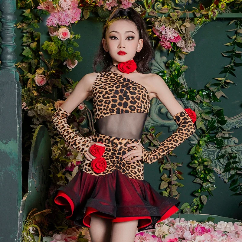 

Girls Latin Dance Performance Costume Leopard Suit Kids Cha Cha Rumba Samba Dance Practice Clothes Competition Dress