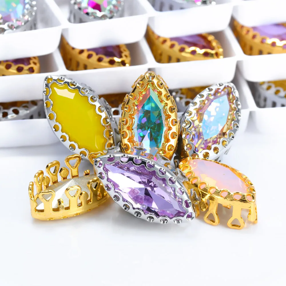 Navette Shaped Glass Rhinestones with Nest Claw Sew On Crystal Stone Strass Diamond Copper Base Buckle Wedding Decoration