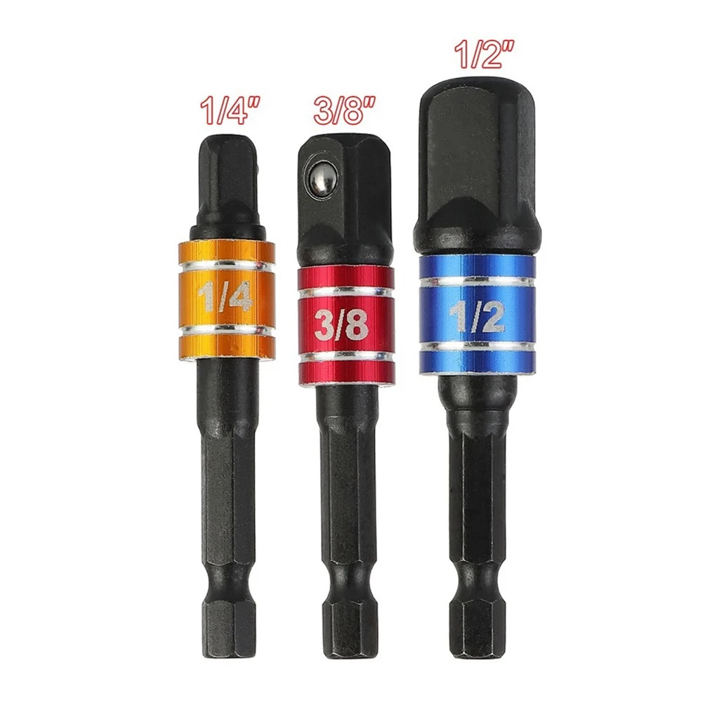 3pcs Set Socket Adapter with Hex Shank Extension Bars 1/4 3/8 1/2 Made from Chrome Vanadium Steel Compatible with Drill Drivers