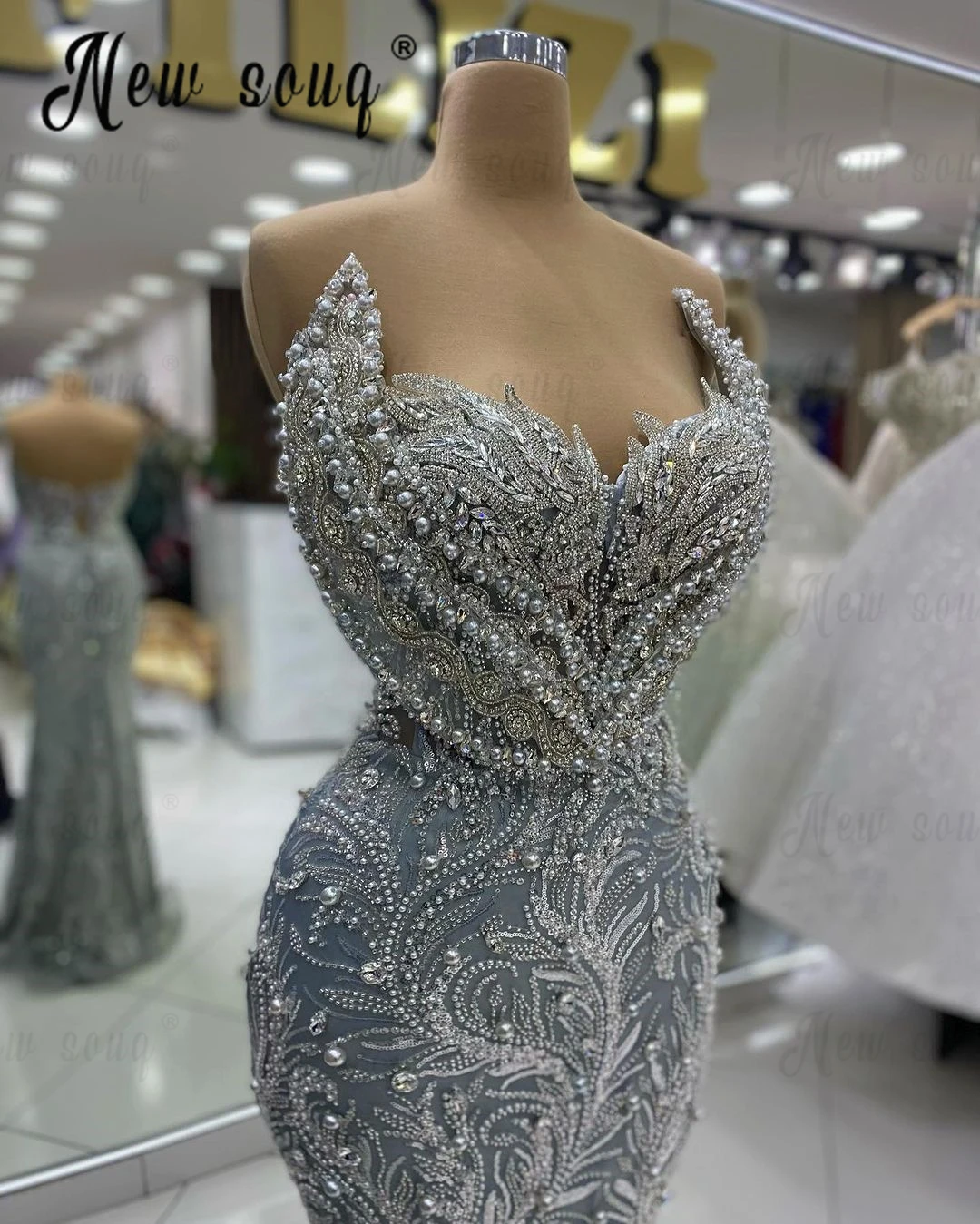 Fashion Solid Silver Cocktail Dress Beaded Sweetheart Neck Formal Occasion Gowns Dubai Wedding Party Gowns Gray Evening Dresses